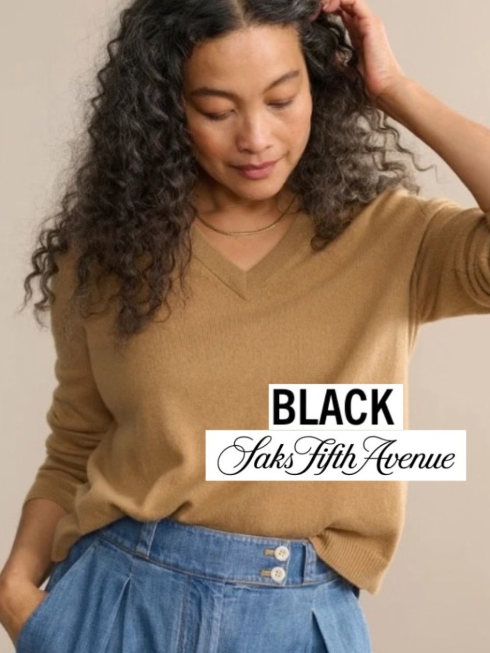 BLACK label Saks 5th Ave Cashmere Carmel V neck sweater, S, GD1300